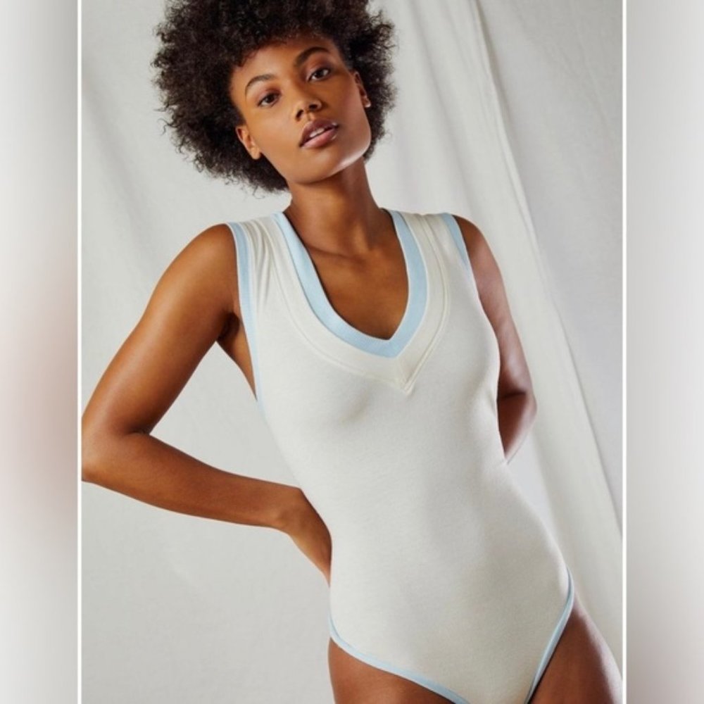 FREE PEOPLE | NWT 🏷️  cozy girl cool tank ivory baby blue bodysuit - size small